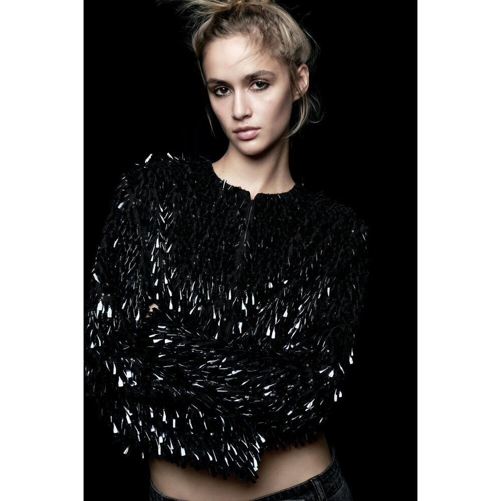 NWT Zara black fringed beaded sequined cropped jacket, S